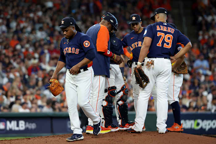 Oct 16, 2023; Houston, Texas, USA; Houston Astros starting pitcher Framber Valdez (59) is relieved in the second inning against the Texas Rangers during game two of the ALCS for the 2023 MLB playoffs at Minute Maid Park. Mandatory Credit: Thomas Shea-USA TODAY Sports